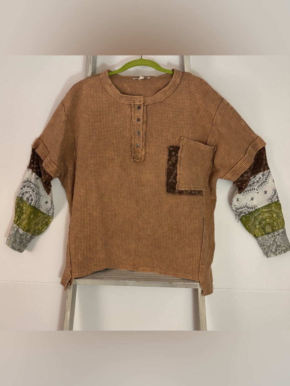 Oli & Hali Waffle Henley w/embellishments & bohemian patchwork, granola, boho